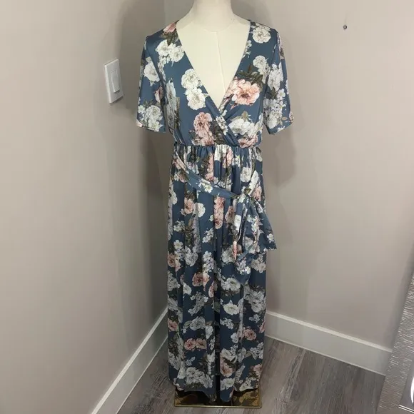 Baltic Born Dusty Blue Floral Maxi Dress V-Neck Flutter Sleeve Wedding Guest M - Image 2