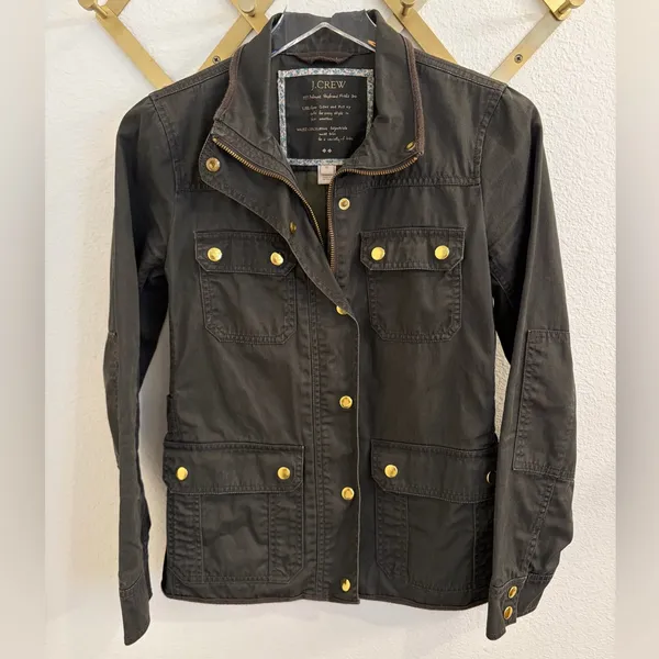 J. Crew Relaxed Boyfriend Field Jacket Olive Green Utility Brass Buttons XS - Image 5
