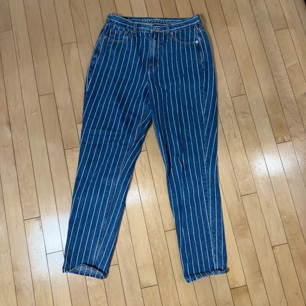 American Eagle Blue Pinstripe High Rise Straight Leg Mom Jeans Women’s Size 4 - Image 3