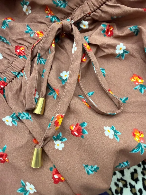Women’s 1X Floral Blouse Top Brown Taupe Elastic Waist Long Sleeve Roll Tab - Image 7