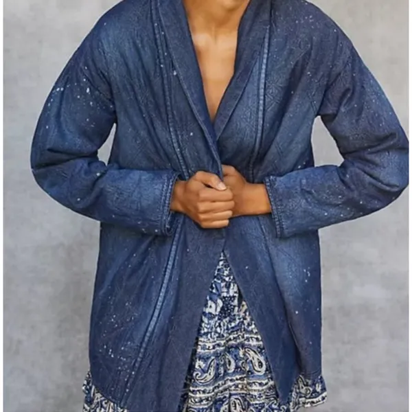 Anthropologie Pilcro Quilted Denim‎ Kimono Jacket Western Lounge Sz S - Image 12
