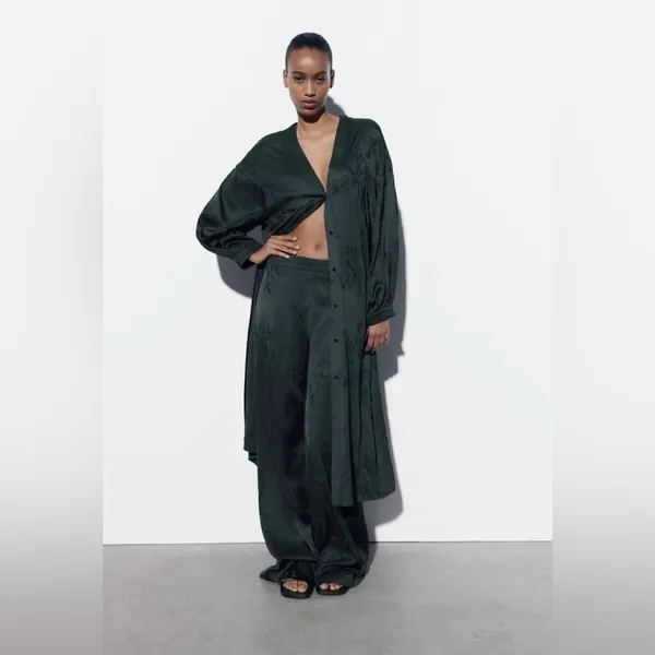 Zara Luxury Green‎ Bohemian Embroidered Satin Effect Wide Leg Lounge Pants Sz L - Image 4