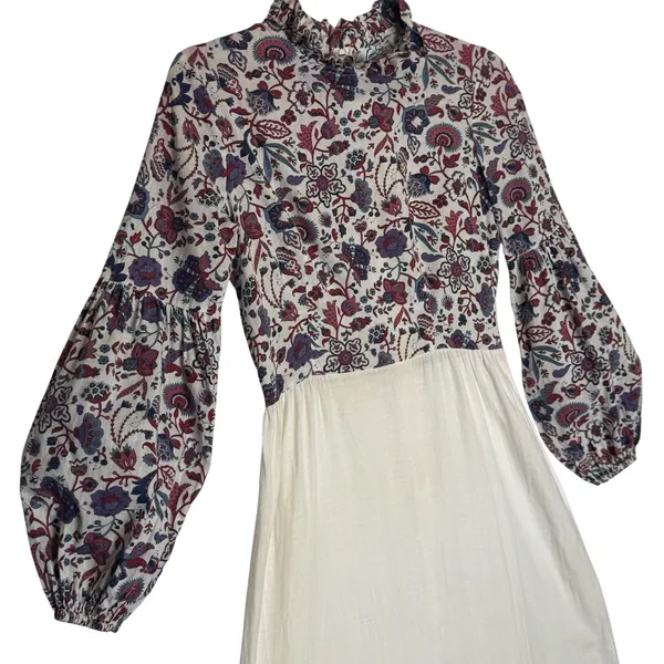 1970s Connie Sage Floral Prairie Empire Waist Maxi Dress Balloon Sleeves XS/S - Image 5