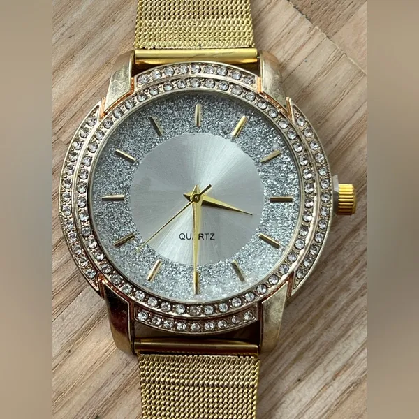 Crystal Embellishments Ladies Watch Silver Shimmery Dial Gold-Tone Bracelet - Image 2