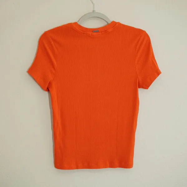 Prana Womens Size Large Orange Ribbed Short Sleeve Crew Neck T-Shirt Casual Soft - Image 4