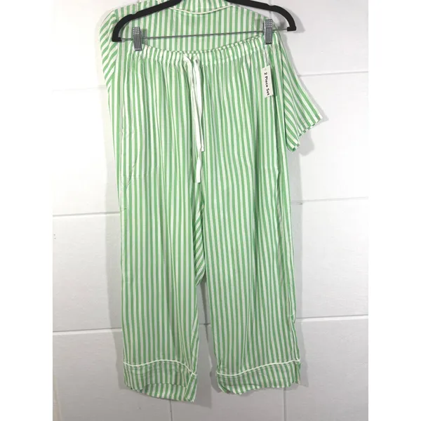 Splendid Notch Collar Cropped Pajama Set Fog Green Stripe XS RLD0299 - Image 5