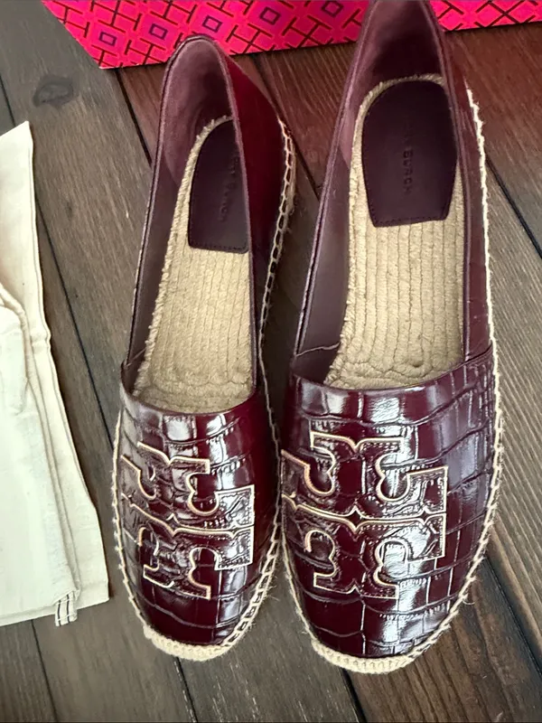 Tory Burch Burgundy Croc-Embossed Logo Espadrilles - Image 6