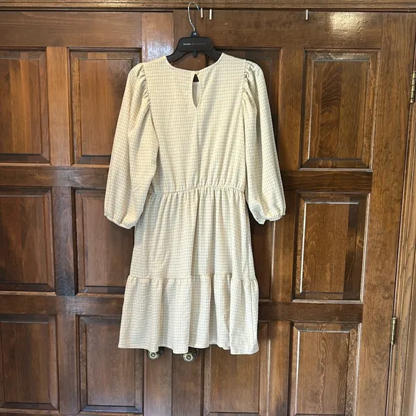 Draper James RSVP Tiered Skater Dress Gold Cream Houndstooth Shimmer Medium‎ M - Image 5