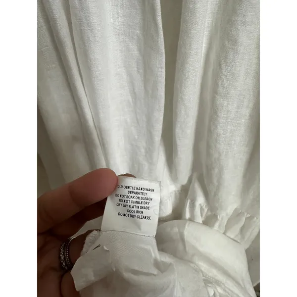 Dissh White 100% Linen Puff Sleeve Smocked Midi Dress Cottagecore Coastal US 6 - Image 12