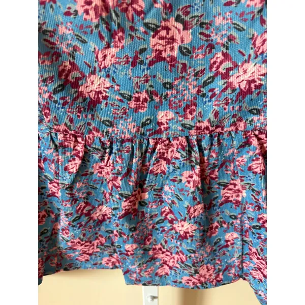 Entro Blue Pink Floral Corduroy Peplum Top V-Neck Ruffle Long Sleeve Blouse L - Image 4