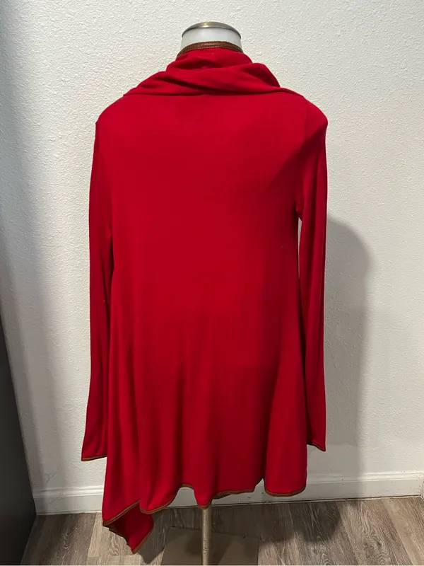 Ralph Lauren Red Drape Open Cardigan Leather Trim Women's Sweater Size Small - Image 4