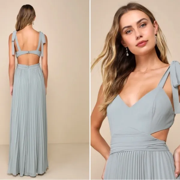 LULU's Prom Wedding Bridesmaid Boho Flowy Romantic Sexy Sage Green Maxi Dress - Image 3