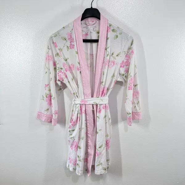 Pink Floral‎ Bath Robe Womens XL Cotton Blend Kimono Style Lightweight Belted - Image 2