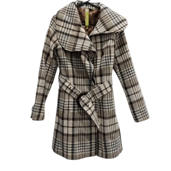 Soia & Kyo Wool Plaid Belted Fall Coat Oversized Asymmetrical Collar Canadian M - Image 2