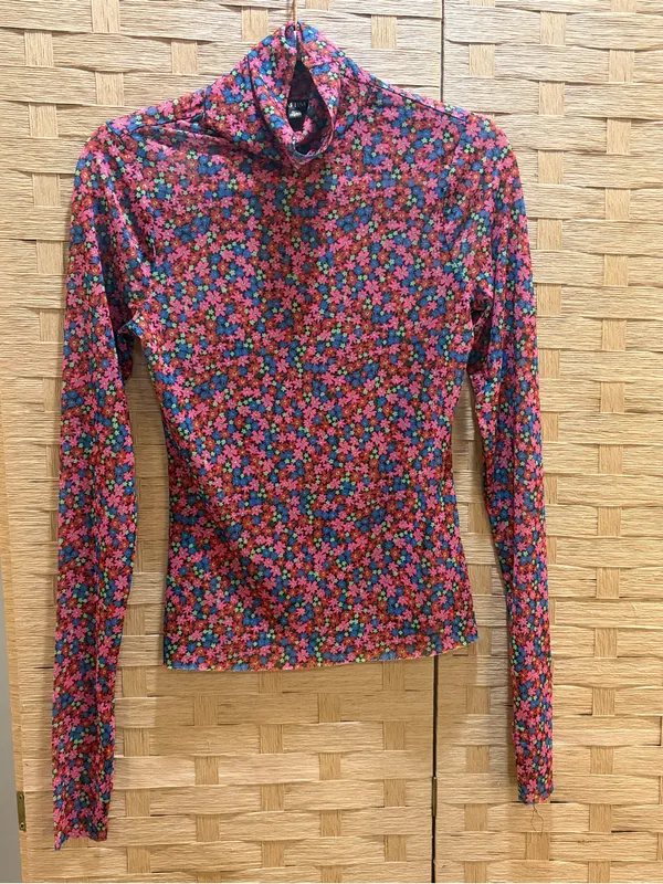 AFRM Floral Mesh Turtleneck Top Pink Blue Long Sleeve Revolve Size M - Image 3