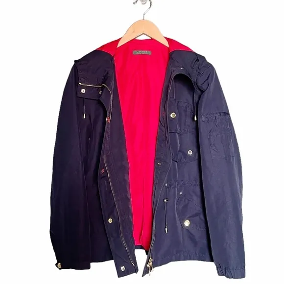 LRL Lauren Ralph Lauren Jacket Medium Navy Red Hooded Lined Nautical Windbreaker - Image 2