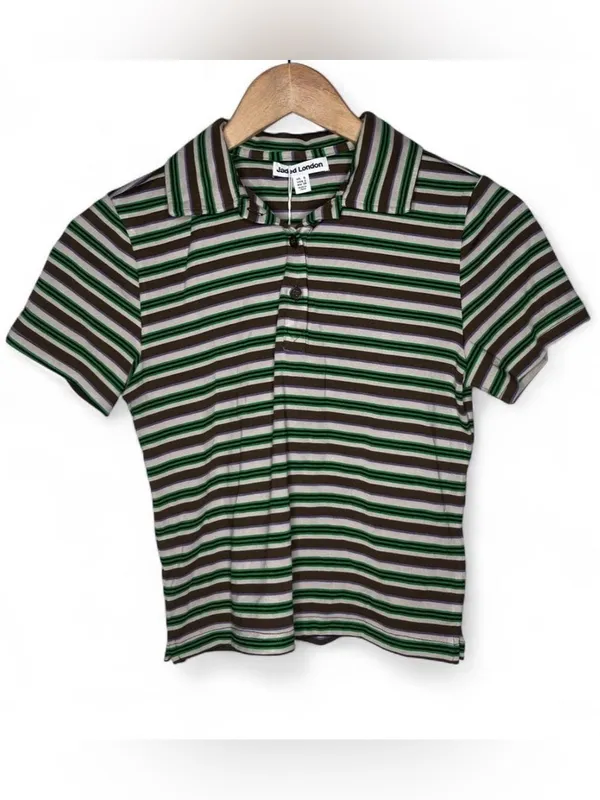 NEW Jaded London Mila Striped Short Sleeve Polo Shirt in Green Multi - Image 2