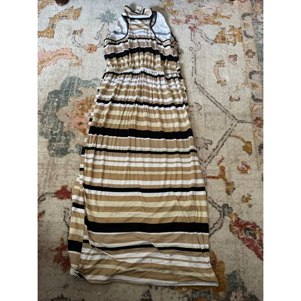 Faded Glory Womens XXL Striped Maxi Dress Henley Racerback Tan Black White - Image 4