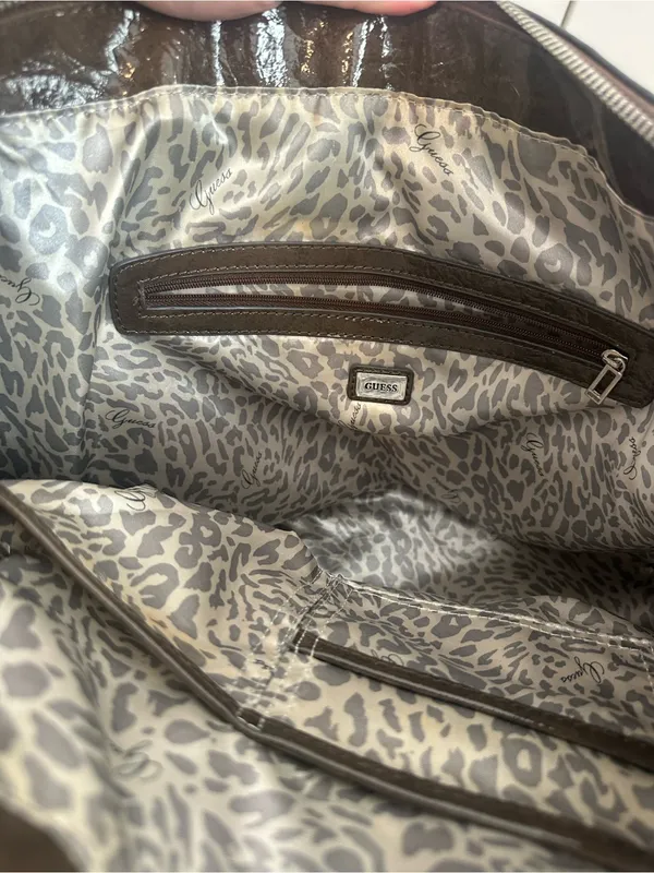 GUESS Brown Monogram Satchel Purse with Logo Plaque - Image 9