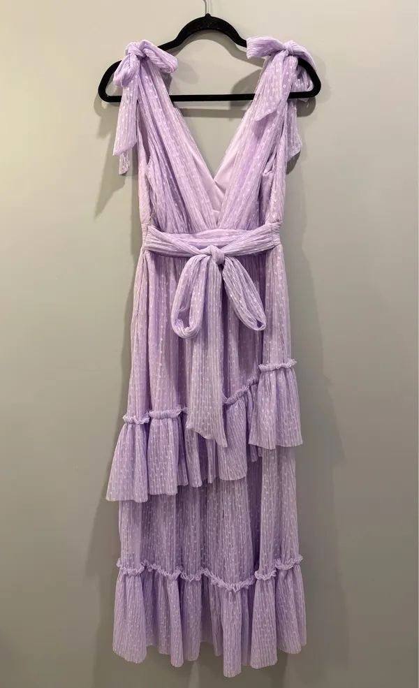 Vici Asymmetric Skirt Tie Strap Polka Dot Tie Back Detail Midi Dress Lavender Purple - Image 5