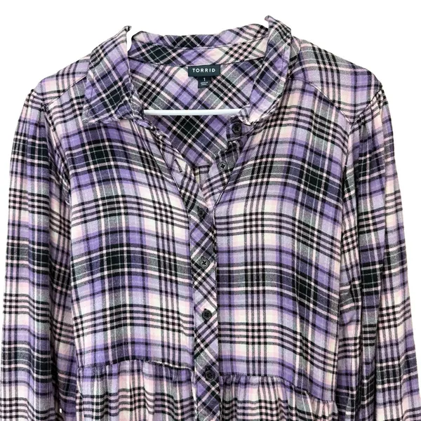 Torrid Soft Flannel Tie Back Button Up Tunic‎ Purple Plaid Size 1X - Image 6