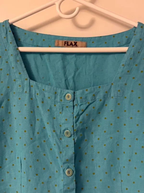 Flax 100% linen polka dot square neck button front blouse size large - Image 3
