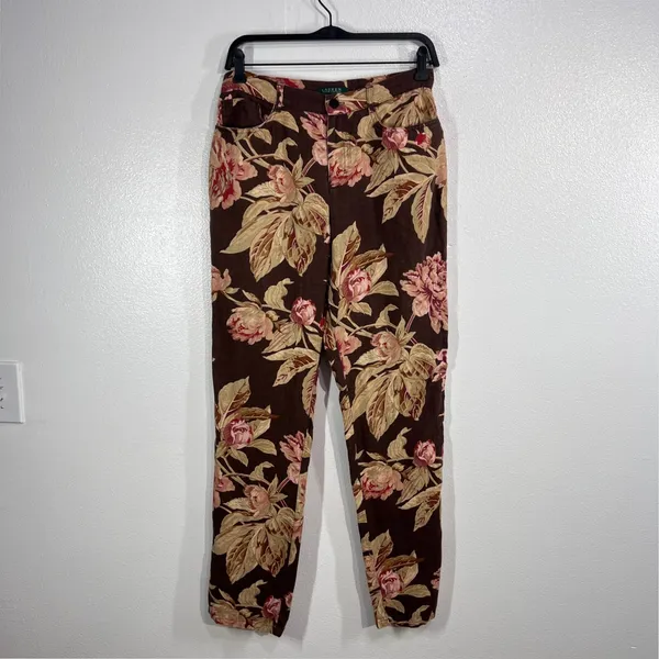 Lauren Ralph Lauren Floral Linen Blend Pants Womens Size‎ 6 Brown Pink Beige - Image 2