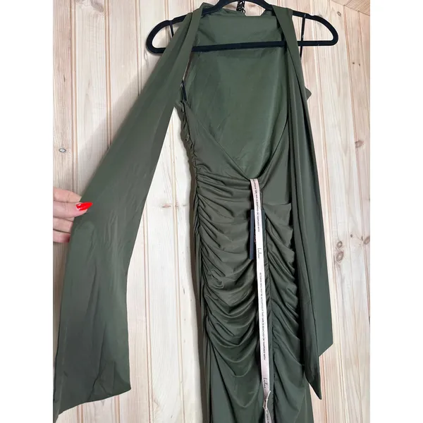 NWT Lulus Seraiah Olive Green Knotted Ruched Halter Maxi Dress Bridesmaid Size S - Image 6