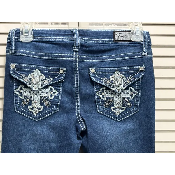Earl Jeans‎ Med Wash Low Rise Skinny Bootcut Denim Jeans Size 1 Embroidered Gems - Image 6