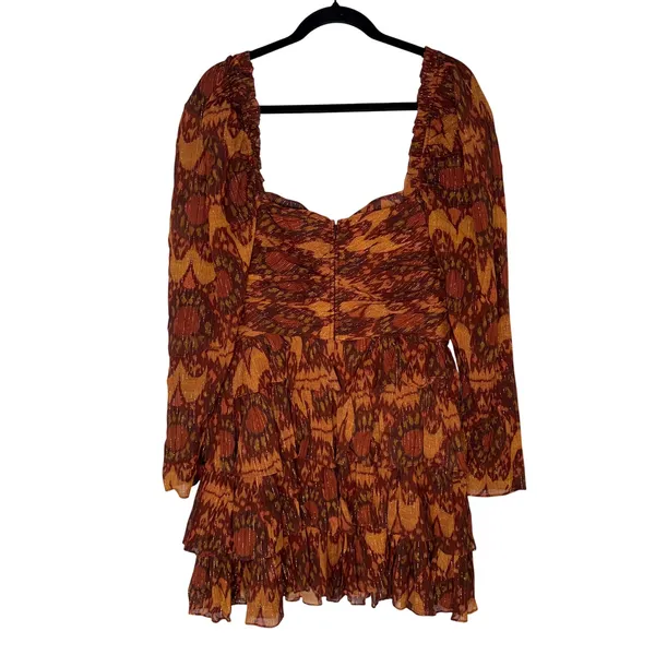 Ulla‎ Johnson Mini Dress Women 10 Orange Excellent Ikat Metallic Ruffle Ruched - Image 7