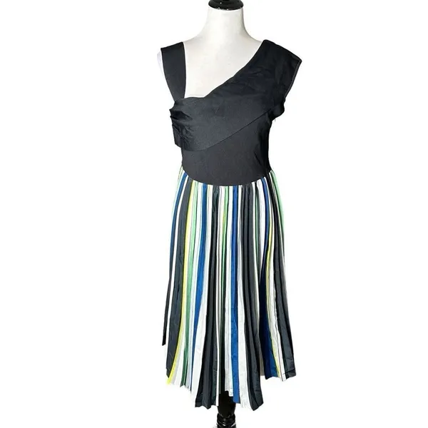 Sachin & Babi Knit Multi Pleat Midi Dress Womens L Black Green Cocktail Flare - Image 2