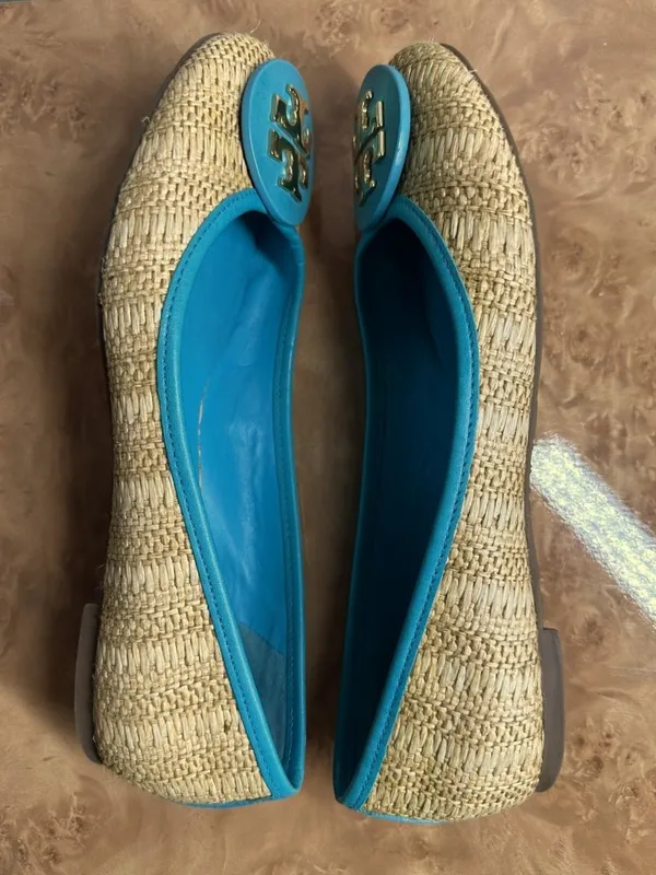 Tory Burch Reva Raffia Ballet Flats Blue Leather Trim Gold Logo Size 7M - Image 4