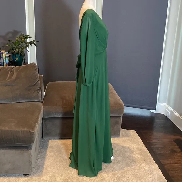 Women’s Green Chiffon Full Length Long Sleeve Dress Corset Back Leg Slit Size 12 - Image 3