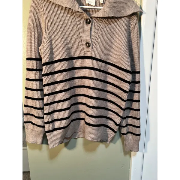 Cyrus Women's Sz Medium Sweater Oversized Collar Tan Black Stripes Henley Button - Image 5