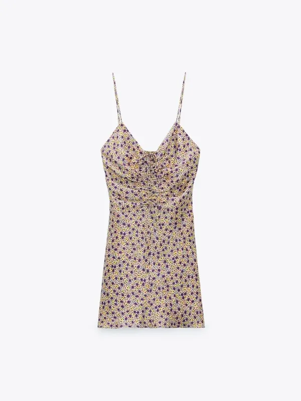 Zara Yellow Mini Dress with Purple Floral Print - Image 4