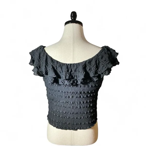 Free People‎ Black Smocked Ruffled Square Neck Crop Top Tank M Fairycore Grunge - Image 2