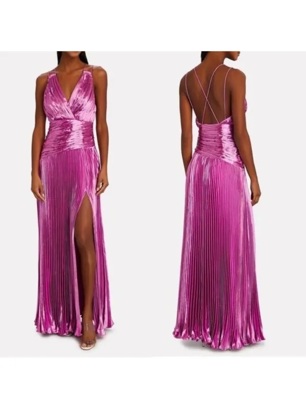 NWT AiiFOS Vera Pleated Metallic Gown 8 Pink Magenta Plisse Ruched Slit Formal - Image 3