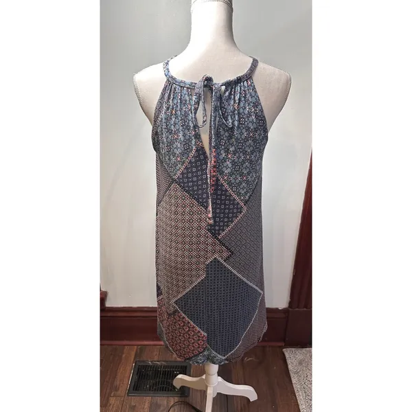 Blue Patchwork Halter Neck Dress Tile Print Sleeveless Summer Sun Dress RN 75343 - Image 2
