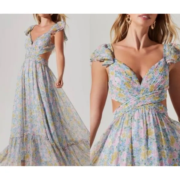ASTR The Label Floral Cutout Maxi Dress Pink Blue Pleated Lace Up Back Small - Image 2