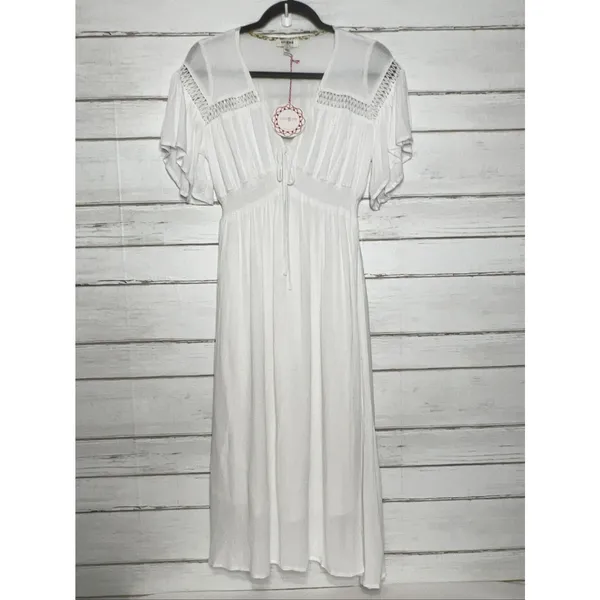 Umgee V-Neck Smocked Waist Flutter Sleeve Midi Dress White Small - Image 2