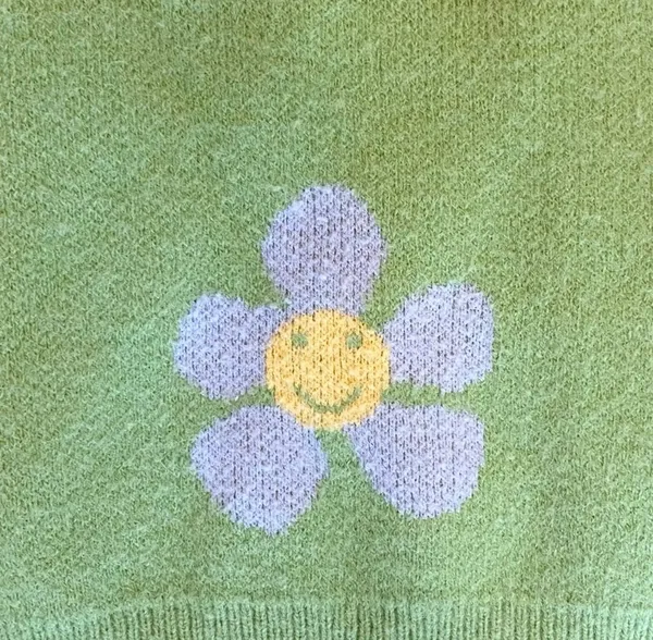 Cropped Smile Flower Vneck Cardigan Sweater Green Blue Yellow Relax Fit M - Image 6