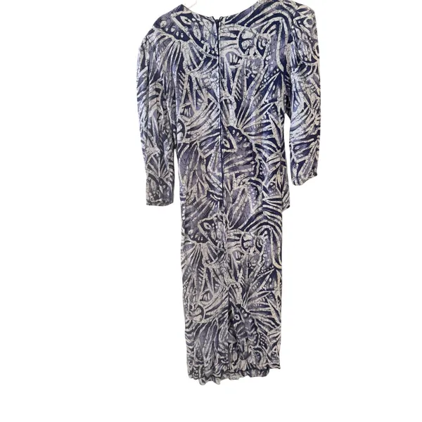 Oops California Vintage 80s Blue Abstract Batik Rayon Wrap‎ Midi Dress 13/14 - Image 2