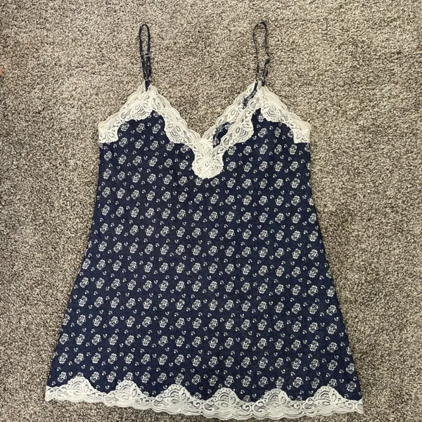 Vintage Gold Label Victoria’s Secret Lace Floral Slip Mini Dress Navy Blue Sz M - Image 4