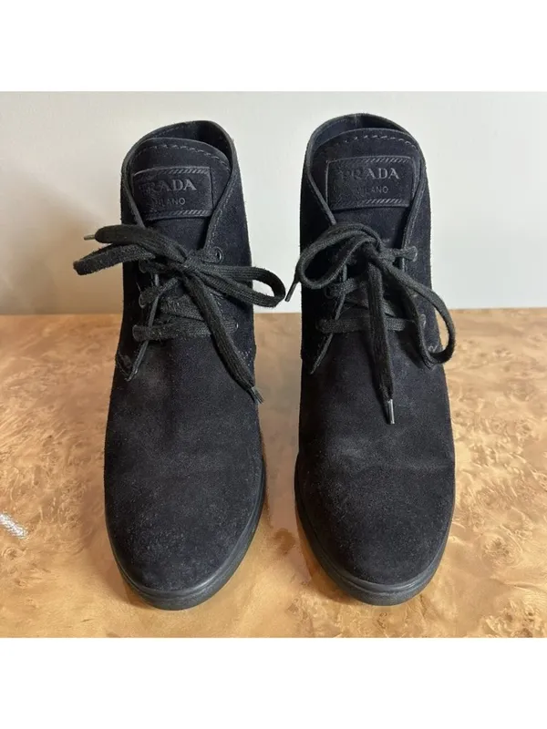 Prada Black Suede Chukka Ankle Boots Women's Size 40 Lace-Up Wedge Heel - Image 2