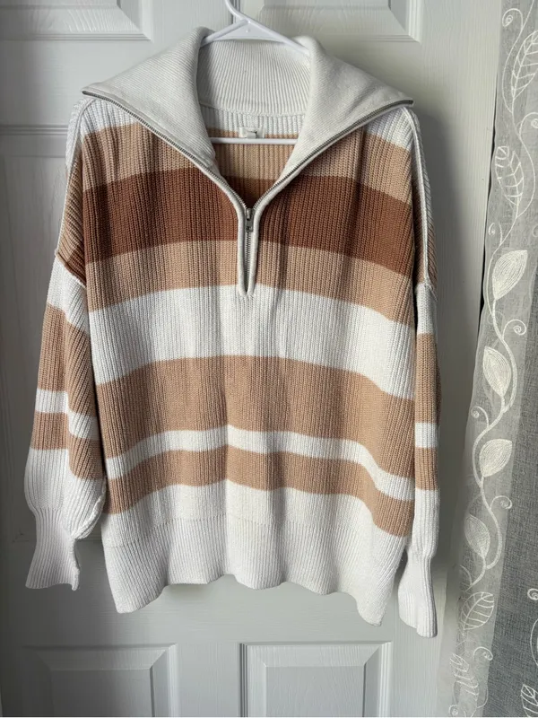 Aerie Beyond Neutral Stripe Knit Oversized Slouchy 1/4 Zip Pullover Sweater S - Image 3