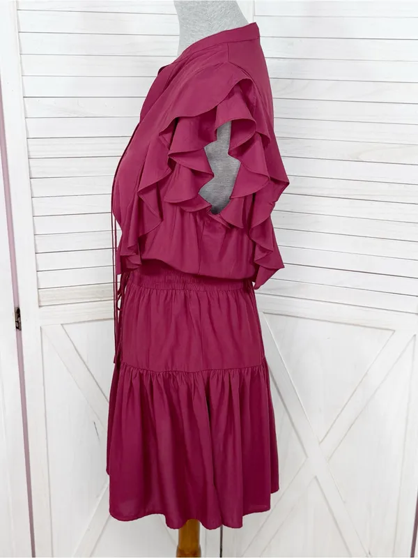Pinch Isla Flutter Sleeve Tiered Mini Dress Burgundy Maroon Red Medium - Image 2
