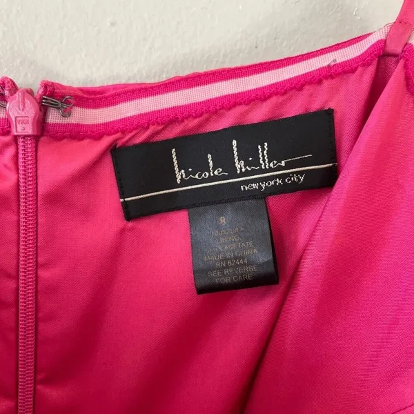 Nicole Miller Sz 8 Hot Pink Strapless Satin Cocktail Midi Lined Dress Back Zip - Image 7