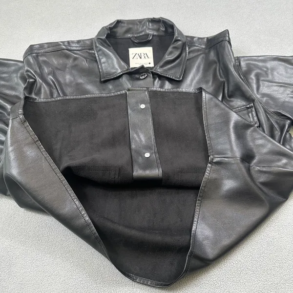 Zara Women Faux Leather Shirt Jacket S Black Shacket Button Up Moto Pockets Rock - Image 5