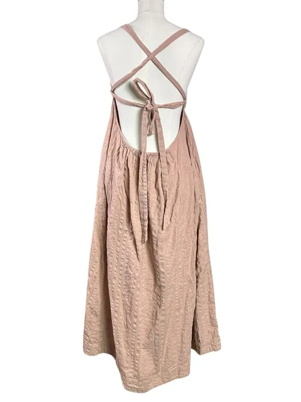 Free People Bohemian Beachy Seersucker Poppy Midi Dress Sundress Blush Large - Image 9