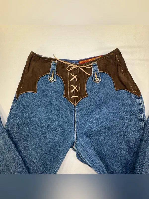Lawman Western Jeans Sz 7 Lace Up Fly Pleather Inserts Bare Back High Rise Vtg - Image 2